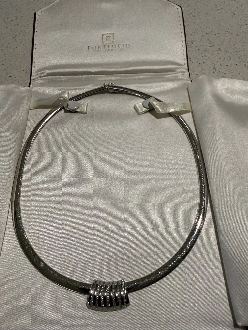 Silver Herringbone Collar Necklace with Ribbed Slide Accent - Picture 1 of 6